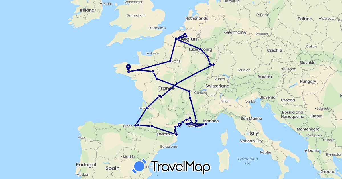 TravelMap itinerary: driving in Belgium, Germany, Spain, France, Luxembourg (Europe)